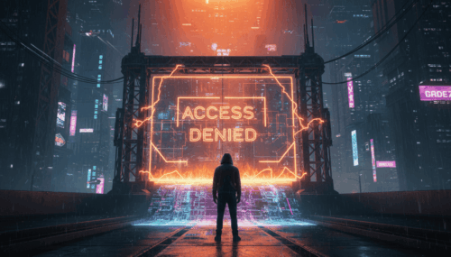 Person facing a neon "Access Denied" sign in a futuristic cityscape.