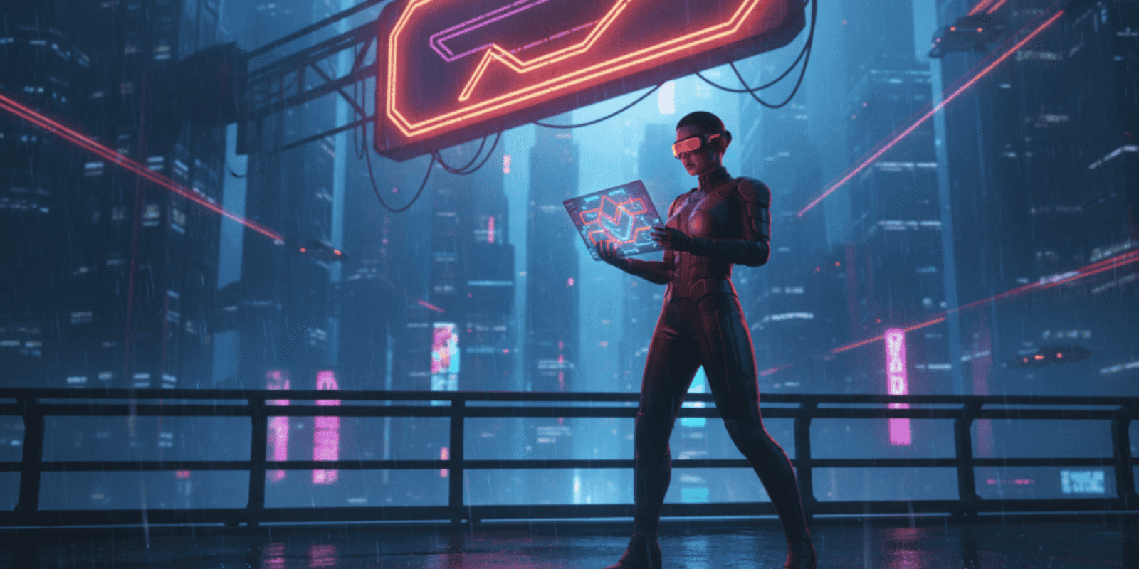 Woman using futuristic AI technology in a neon-lit cityscape.