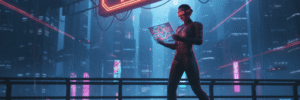 Woman using futuristic AI technology in a neon-lit cityscape.