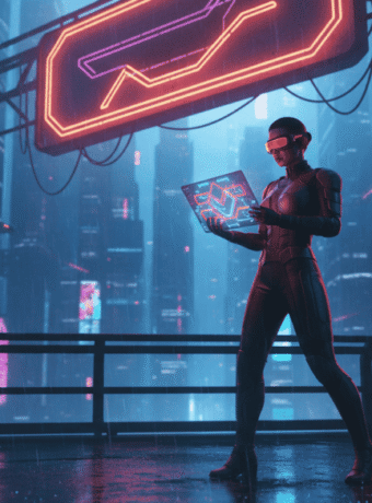 Woman using futuristic AI technology in a neon-lit cityscape.