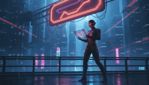 Woman using futuristic AI technology in a neon-lit cityscape.