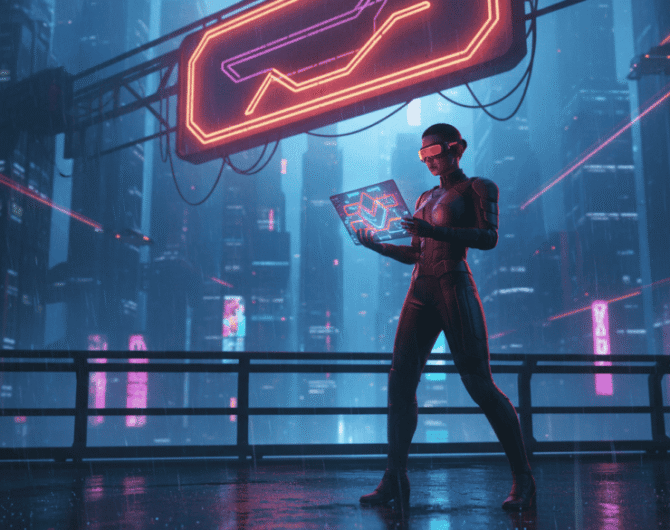 Woman using futuristic AI technology in a neon-lit cityscape.