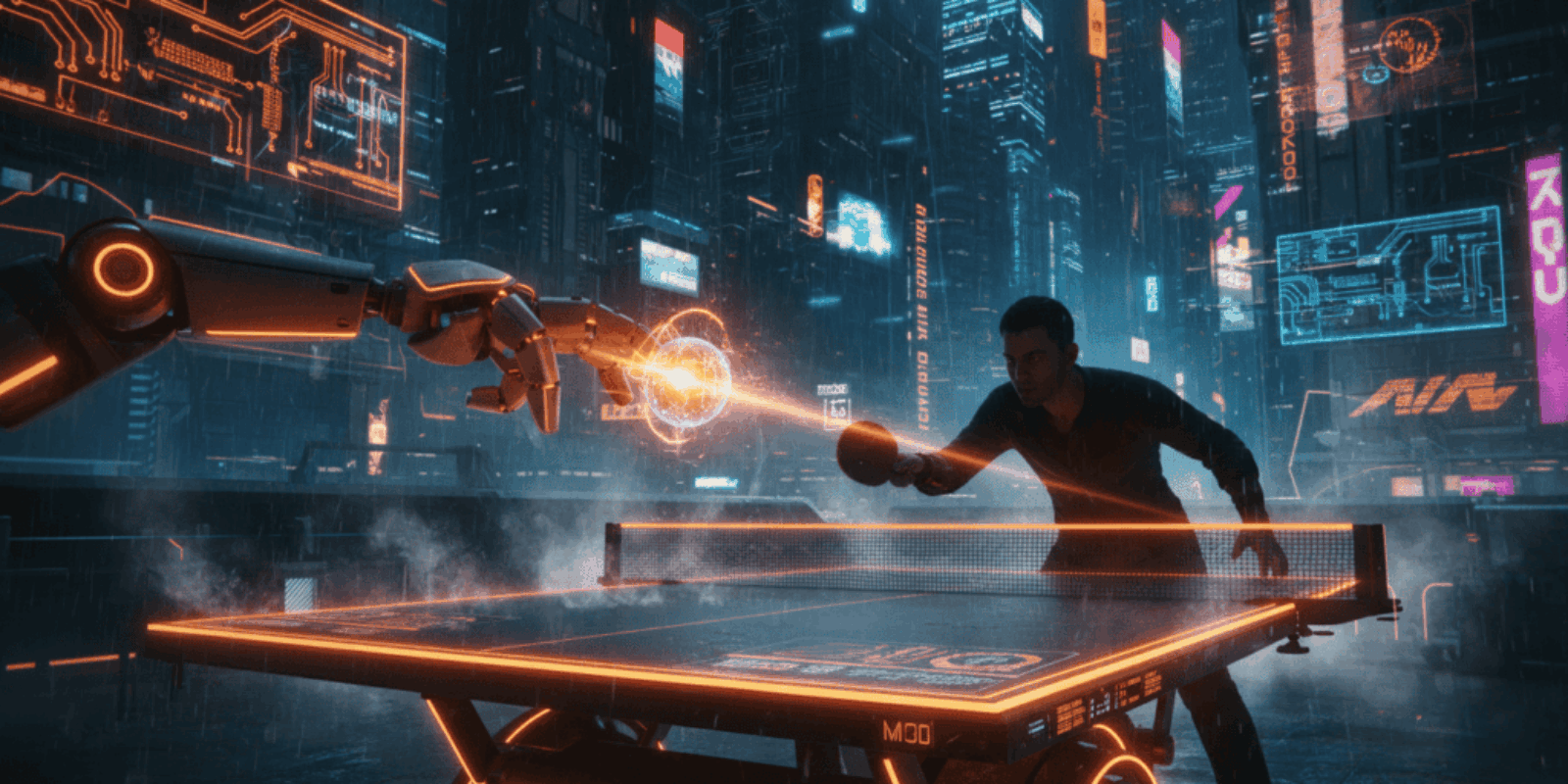 AI robot playing ping pong in a futuristic cityscape.