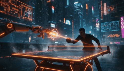 AI robot playing ping pong in a futuristic cityscape.