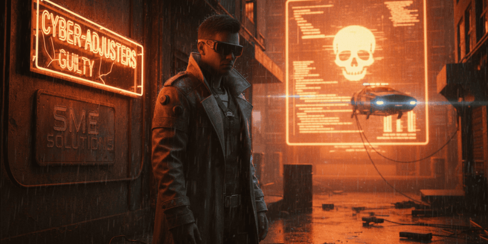 Cybersecurity expert in dark alley with digital skull warning and drone.