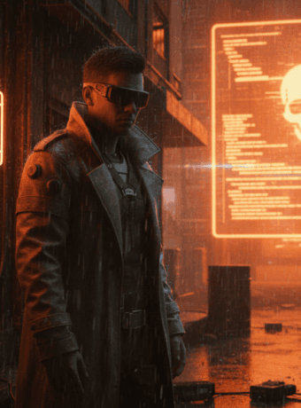 Cybersecurity expert in dark alley with digital skull warning and drone.