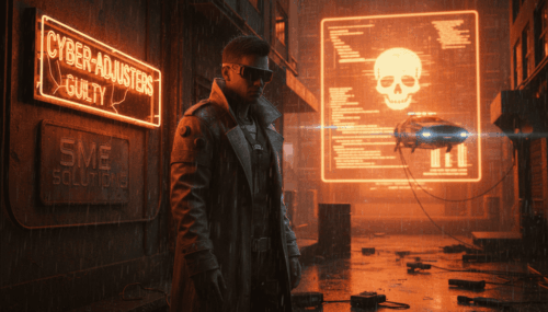 Cybersecurity expert in dark alley with digital skull warning and drone.