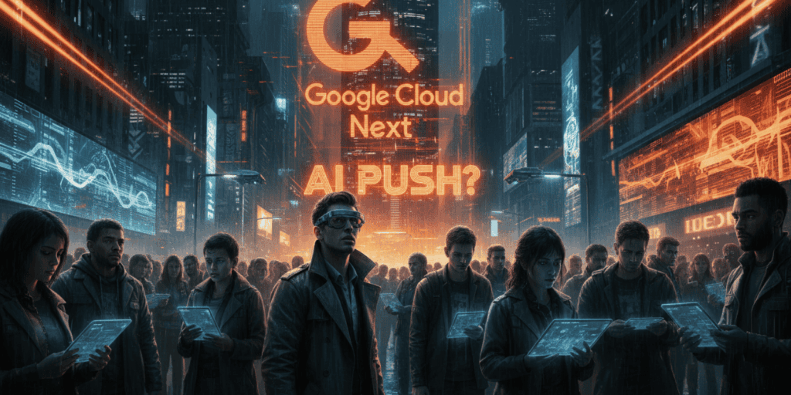 Group of people using tablets in a futuristic cityscape with AI graphics.