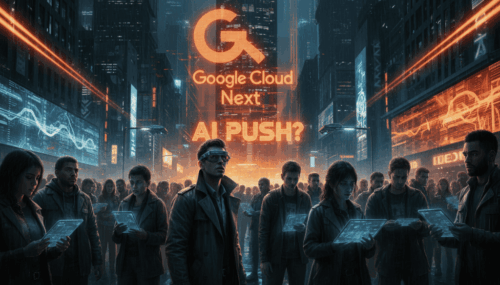 Group of people using tablets in a futuristic cityscape with AI graphics.