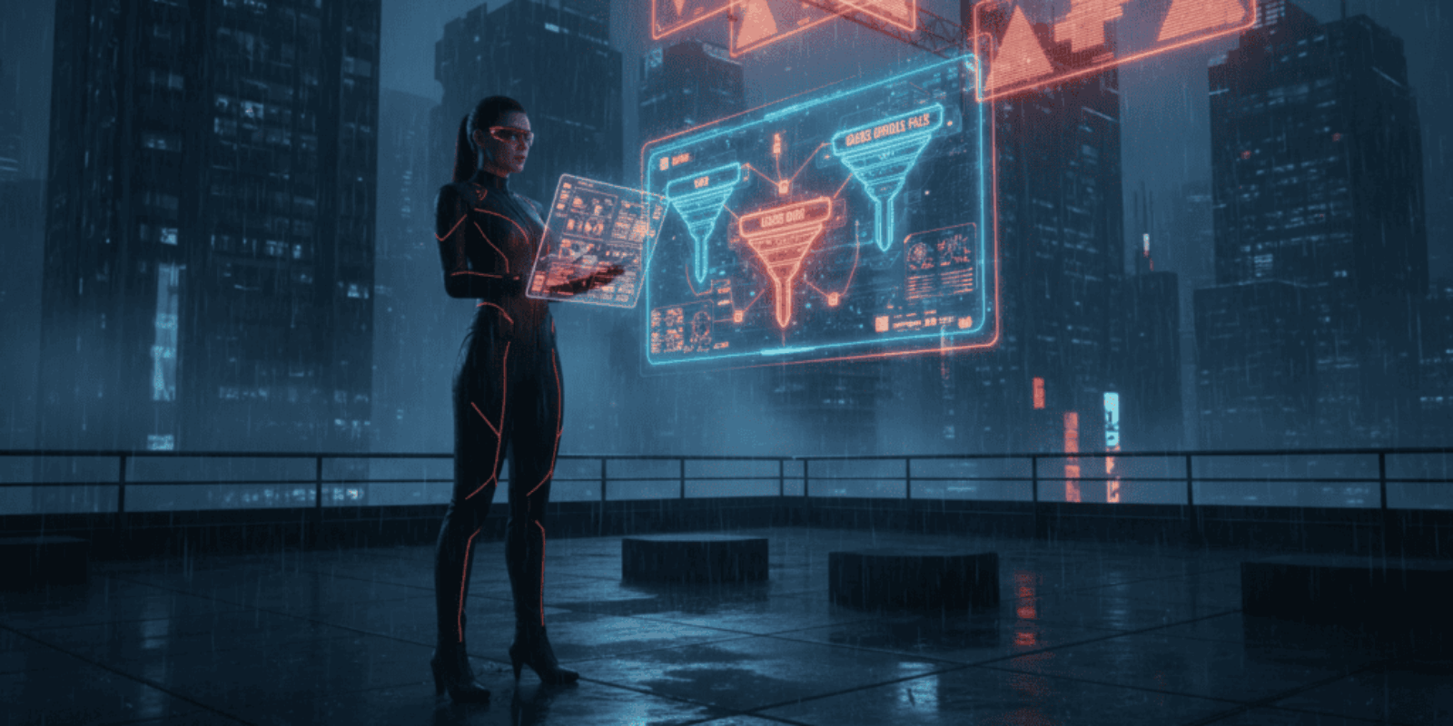 Woman analyzing AI data on futuristic city rooftop at night.