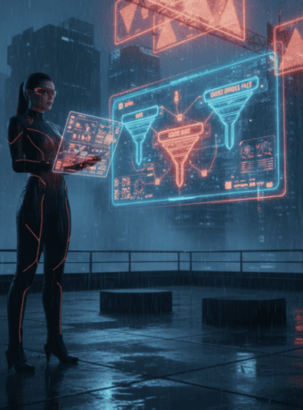 Woman analyzing AI data on futuristic city rooftop at night.