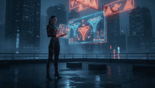 Woman analyzing AI data on futuristic city rooftop at night.