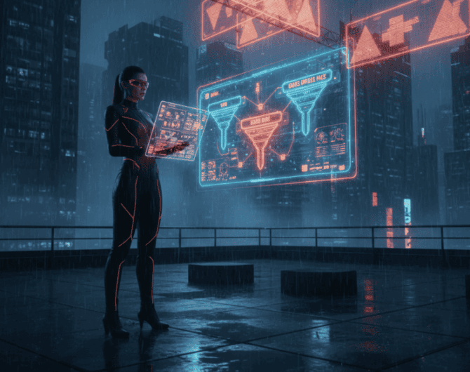 Woman analyzing AI data on futuristic city rooftop at night.