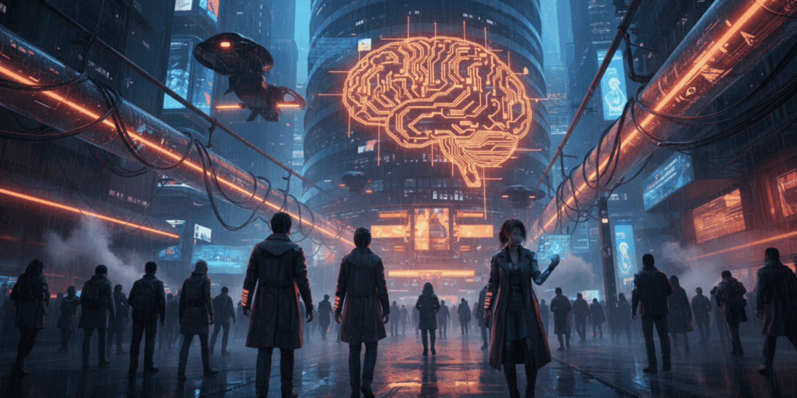 Digital brain hologram in a high-tech cityscape with people observing.