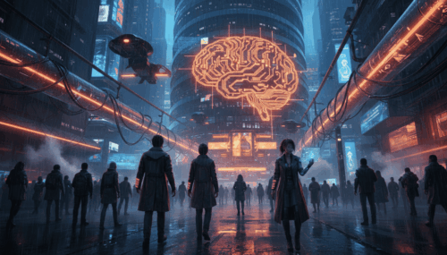 Digital brain hologram in a high-tech cityscape with people observing.