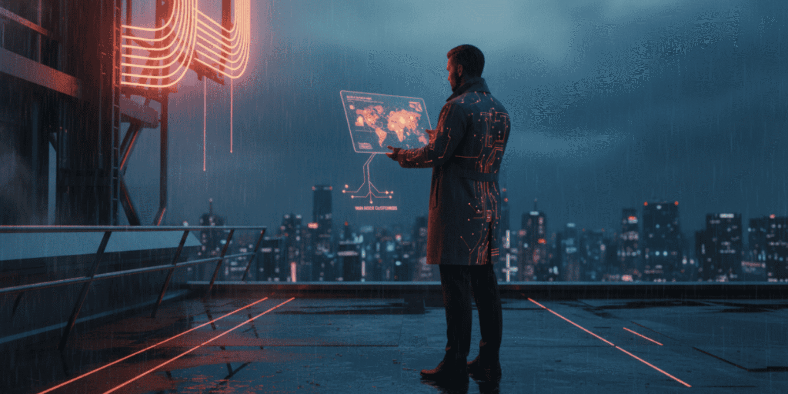 Business professional using digital map for sales territory planning in a futuristic cityscape.