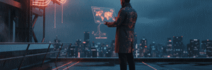 Business professional using digital map for sales territory planning in a futuristic cityscape.
