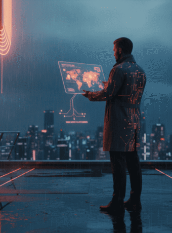 Business professional using digital map for sales territory planning in a futuristic cityscape.