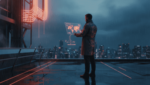 Business professional using digital map for sales territory planning in a futuristic cityscape.
