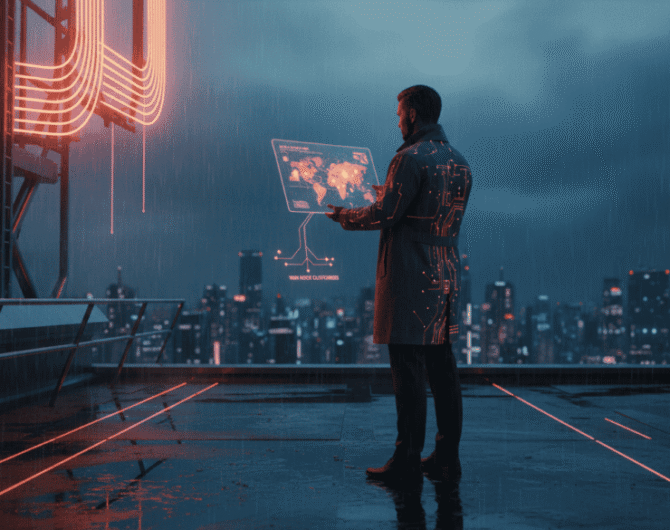 Business professional using digital map for sales territory planning in a futuristic cityscape.