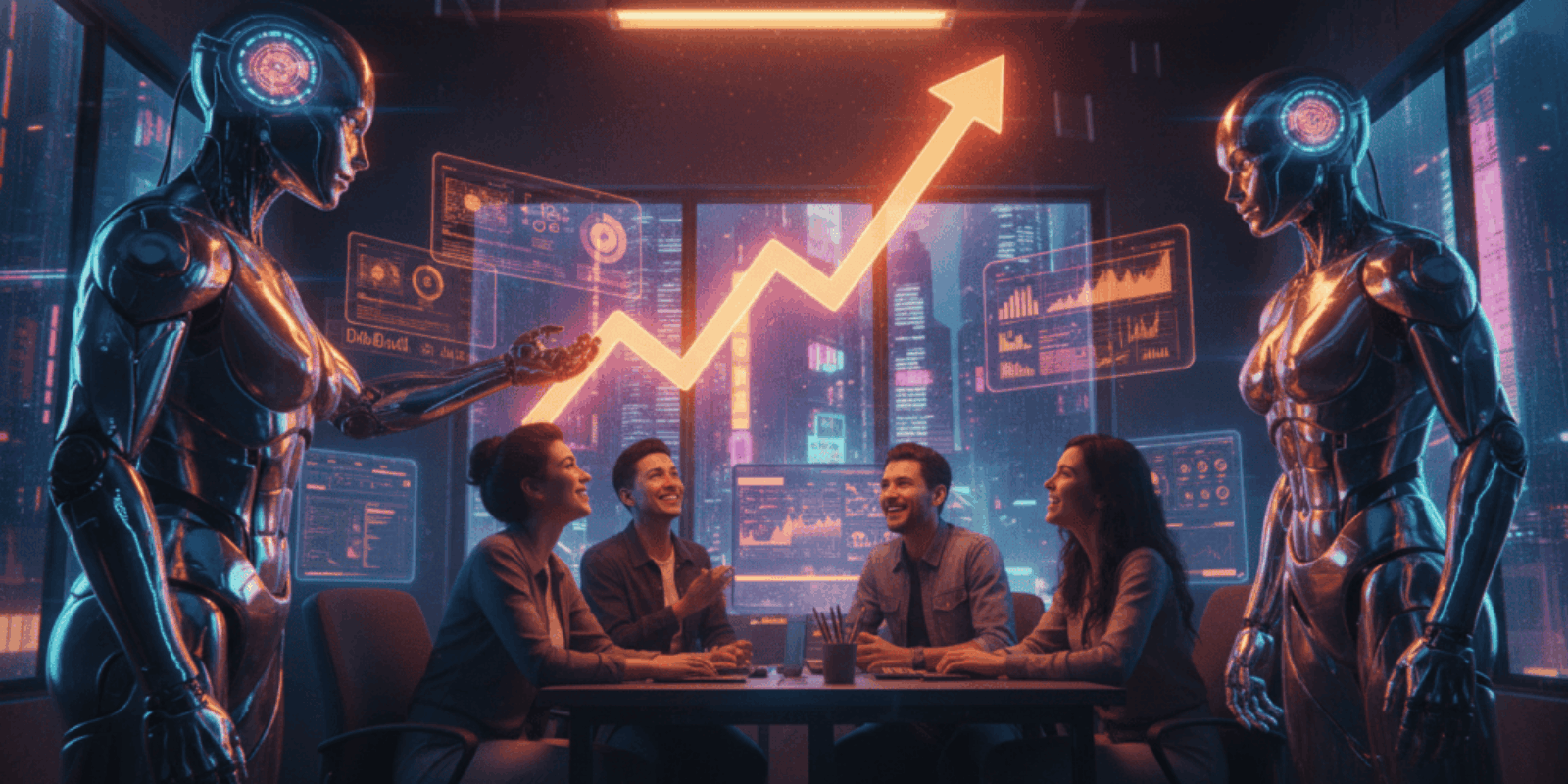 Small team using AI voice agents to improve ROI with futuristic technology.