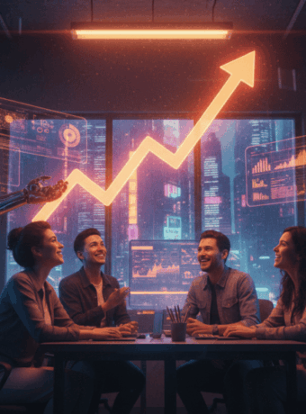 Small team using AI voice agents to improve ROI with futuristic technology.