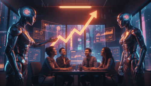 Small team using AI voice agents to improve ROI with futuristic technology.