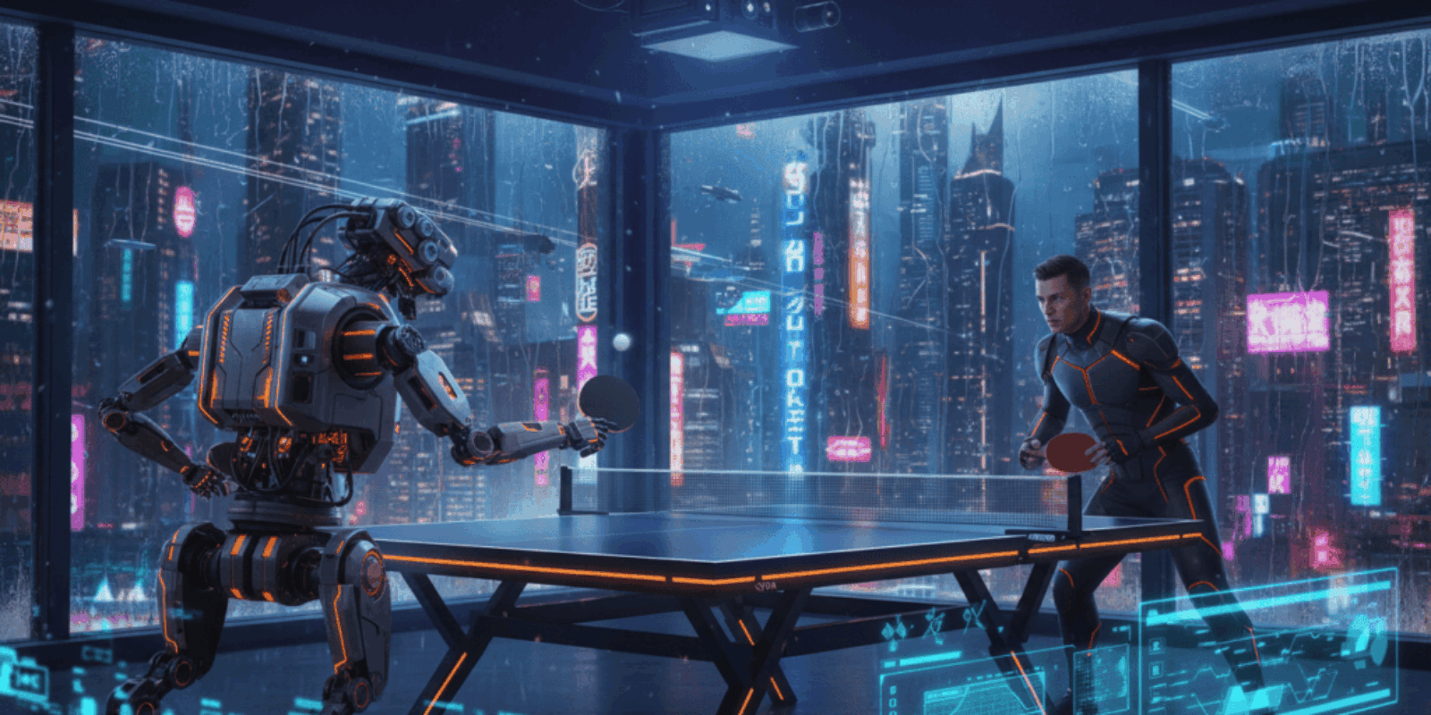 AI-powered table tennis robot playing against a human in a high-tech, neon-lit environment.