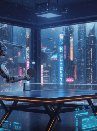 AI-powered table tennis robot playing against a human in a high-tech, neon-lit environment.