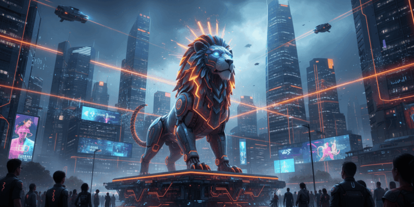 AI-powered lion statue in a high-tech city skyline, symbolizing regional AI advancements and corpora.
