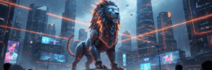 AI-powered lion statue in a high-tech city skyline, symbolizing regional AI advancements and corpora.