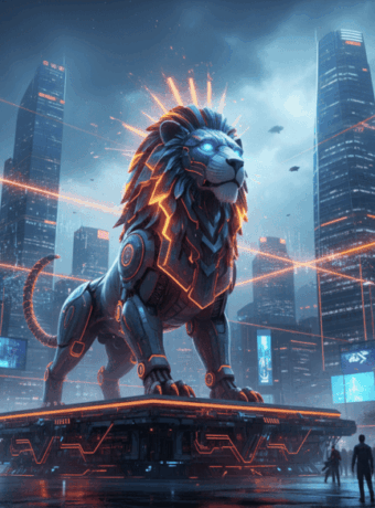 AI-powered lion statue in a high-tech city skyline, symbolizing regional AI advancements and corpora.