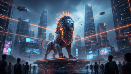 AI-powered lion statue in a high-tech city skyline, symbolizing regional AI advancements and corpora.