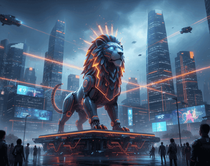 AI-powered lion statue in a high-tech city skyline, symbolizing regional AI advancements and corpora.
