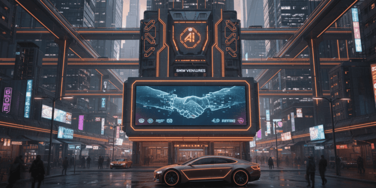 Futuristic cityscape with BMW i Ventures' AI technology display and autonomous car.