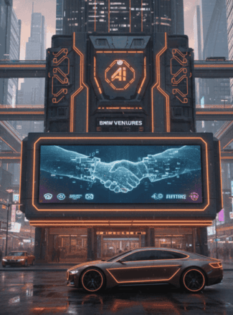 Futuristic cityscape with BMW i Ventures' AI technology display and autonomous car.