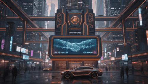 Futuristic cityscape with BMW i Ventures' AI technology display and autonomous car.