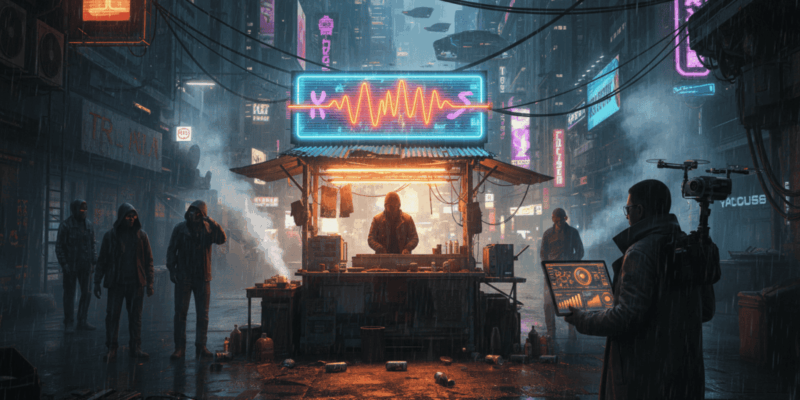 A vibrant, neon-lit street scene featuring a DJ at a night market in a cyberpunk cityscape.
