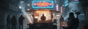 A vibrant, neon-lit street scene featuring a DJ at a night market in a cyberpunk cityscape.