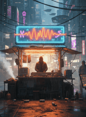 A vibrant, neon-lit street scene featuring a DJ at a night market in a cyberpunk cityscape.