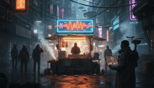 A vibrant, neon-lit street scene featuring a DJ at a night market in a cyberpunk cityscape.
