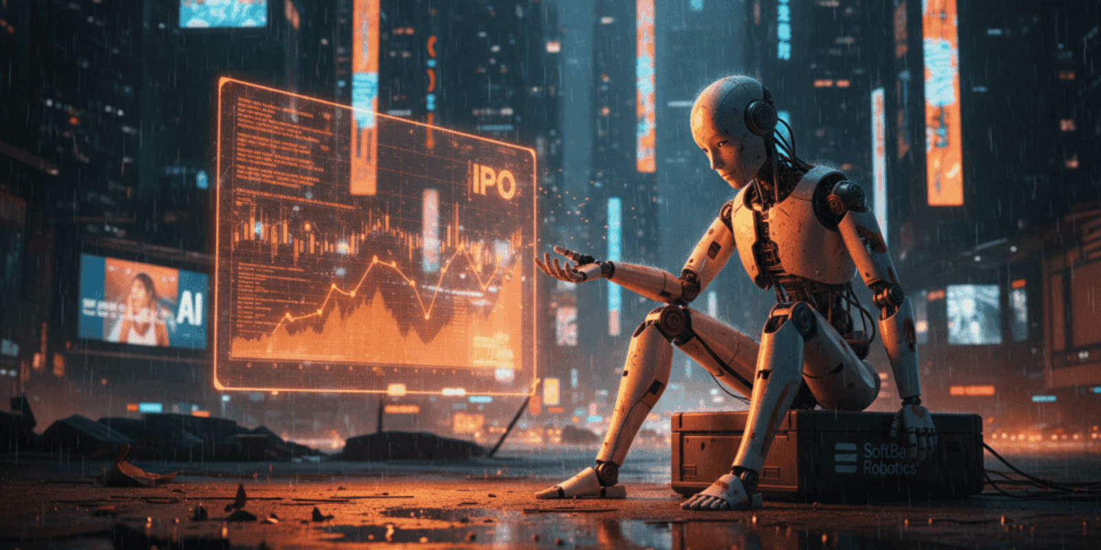 Humanoid robot analyzing data on a digital screen in a high-tech city environment.