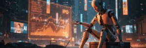Humanoid robot analyzing data on a digital screen in a high-tech city environment.