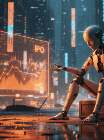 Humanoid robot analyzing data on a digital screen in a high-tech city environment.