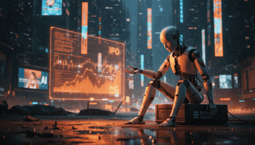 Humanoid robot analyzing data on a digital screen in a high-tech city environment.