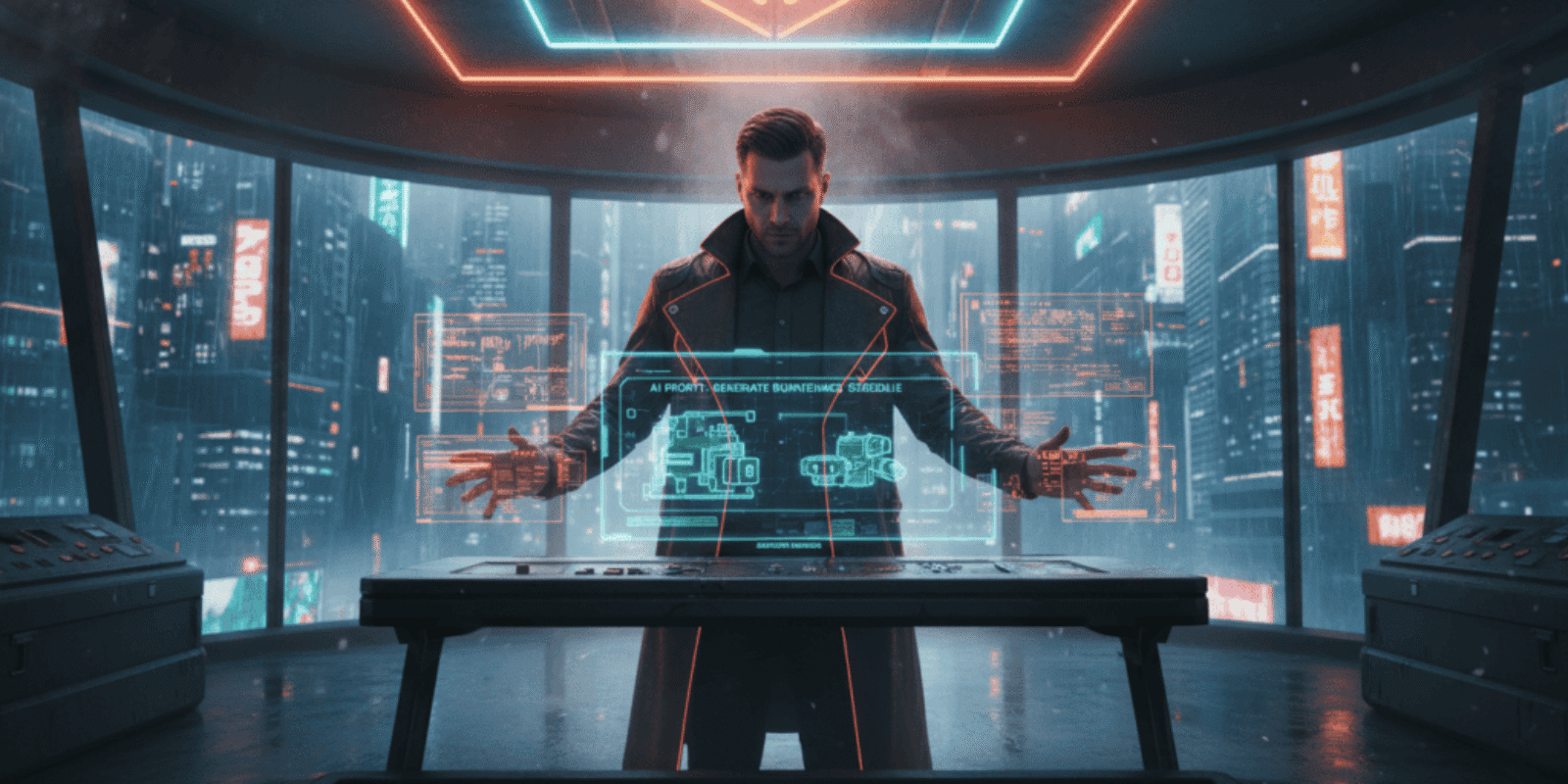 AI-powered futuristic control room with holographic interfaces and a technician managing equipment s.