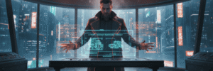 AI-powered futuristic control room with holographic interfaces and a technician managing equipment s.