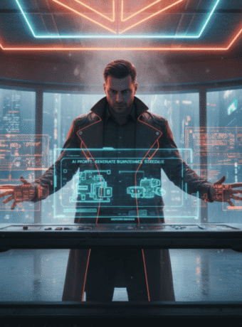 AI-powered futuristic control room with holographic interfaces and a technician managing equipment s.