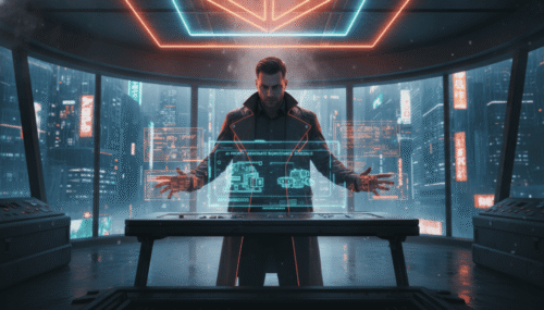 AI-powered futuristic control room with holographic interfaces and a technician managing equipment s.