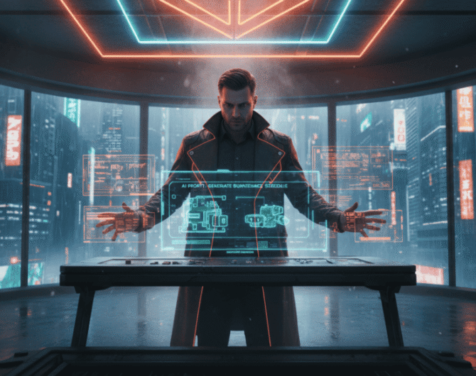 AI-powered futuristic control room with holographic interfaces and a technician managing equipment s.